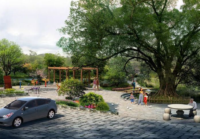 村庄内的小游园,小广场绿化,可结合村庄公共服务设施进行布置,形成