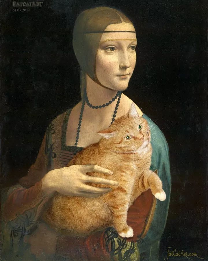 抱猫的珍珠耳环少女将胖猫塞入蒙罗丽莎的怀里,或者用猫咪代替提名画