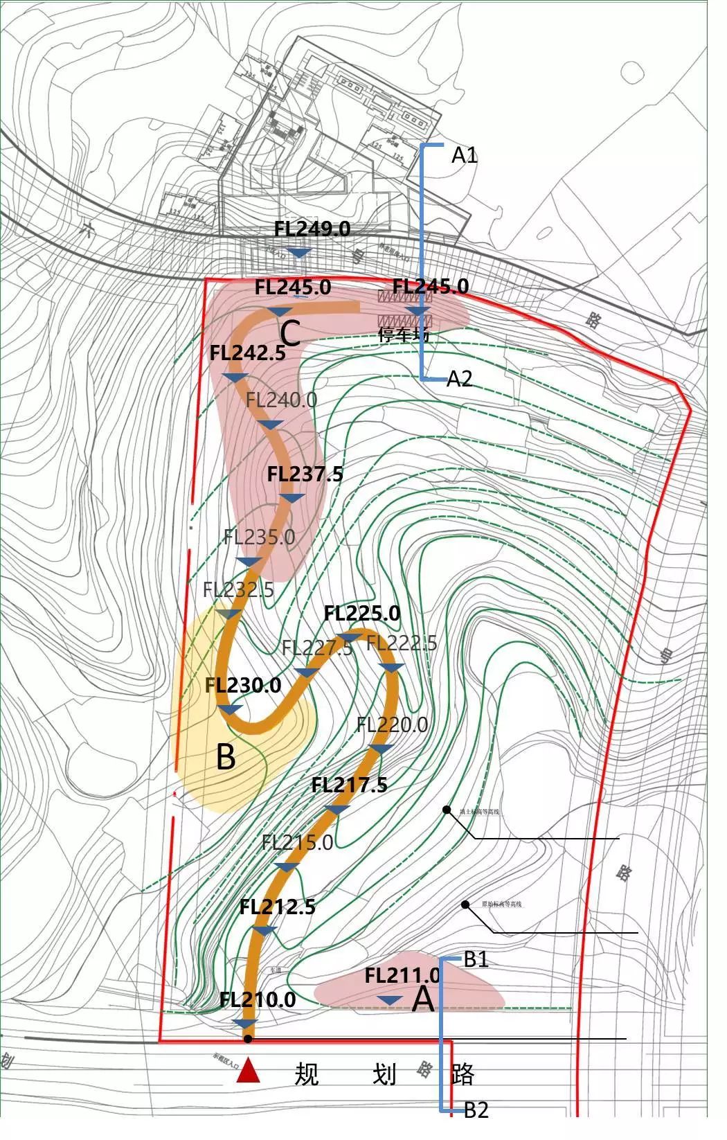 场地视线分析基地从滨江路210米高程沿山脊线朝290米渐次抬升,场地