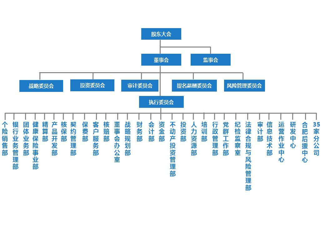 董事会下设六大委员会,总部部门共计28个,另有合肥后援中小和35家分
