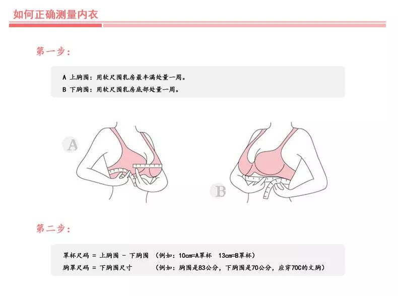 文胸尺寸=胸下围尺寸 罩杯尺寸罩杯尺寸=胸上位尺寸-下胸围尺寸tips