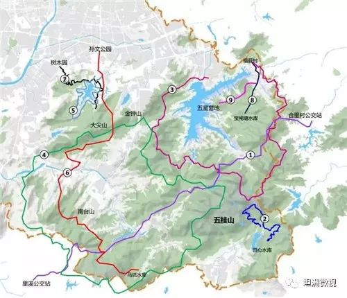 路线规划共长200公里,不同主题的徒步登山路径,包括树木园,金钟水库