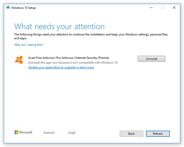 Win10 v1909发不兼容公告：老版Avast/AVG杀软需卸载后更新