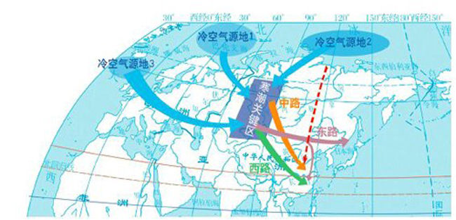 我國寒潮源地和路徑示意圖(中央氣象臺供圖)