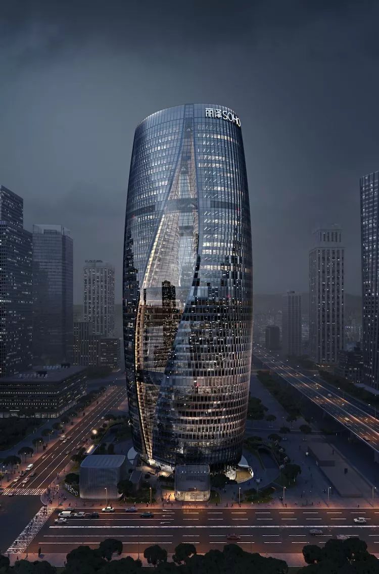 由地铁隧道形成的横穿地块的对角线随着丽泽soho的楼体向上,经过一定