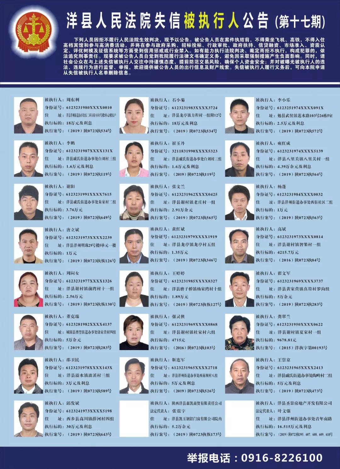 洋县人民法院失信被执行人曝光台(第十六,十七,十八期)