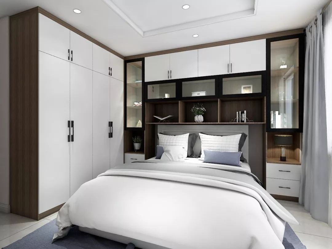 也可以定制整墙式收纳柜连接床头两侧,成为独特的卧室背景墙