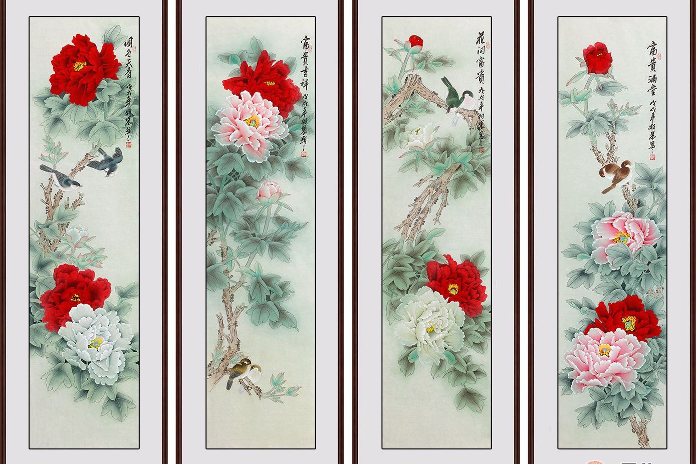 名家工笔牡丹画欣赏：羽墨的牡丹四条屏作品《富贵满堂》_搜狐网