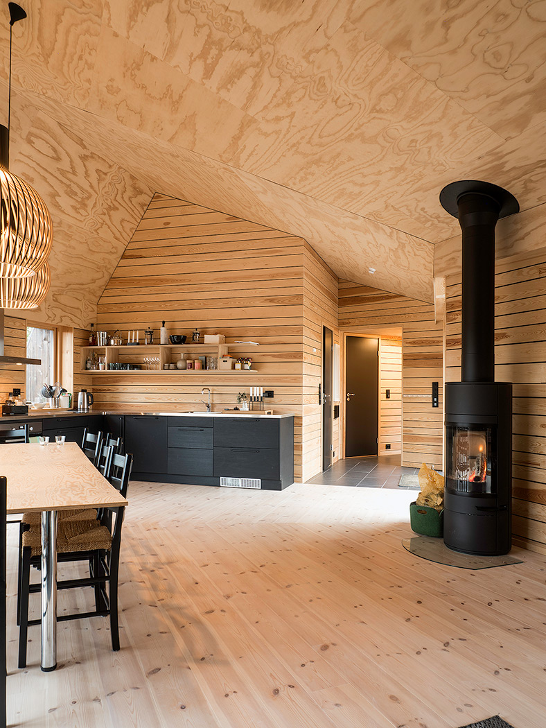 内部,机舱在所有墙壁上都饰有松木板,在所有天花板上都饰有松木胶合板