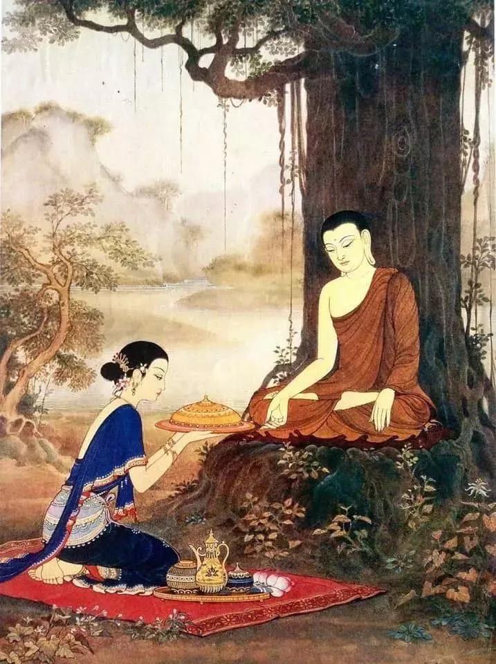 来到尼连禅河畔,洗去身上的垢秽,接受了牧羊女难陀波罗的乳糜供养