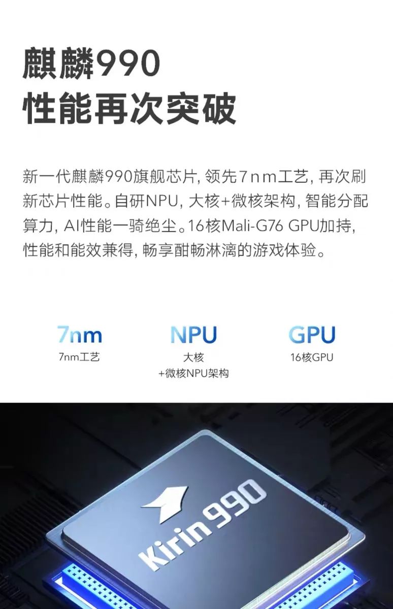 荣耀v30配备麒麟990 巴龙5000双7nm 5g双模芯片;pro版配备7nm euv工艺