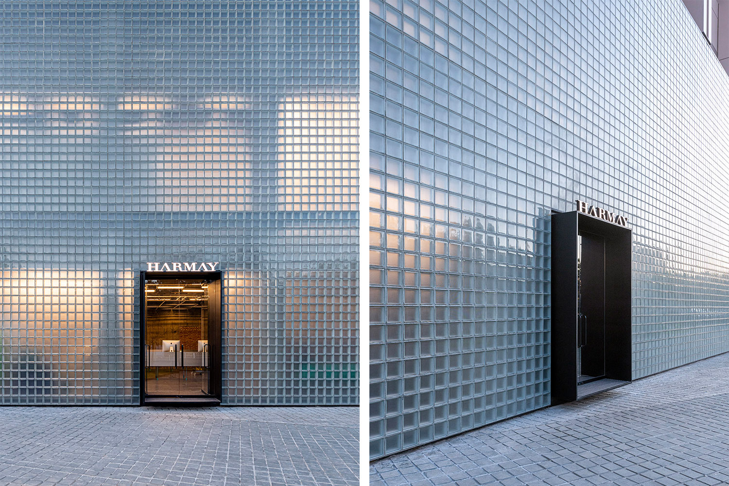 从外部看,北京话梅旗舰店的工业风半透明玻璃砖墙立面仅透露出店内