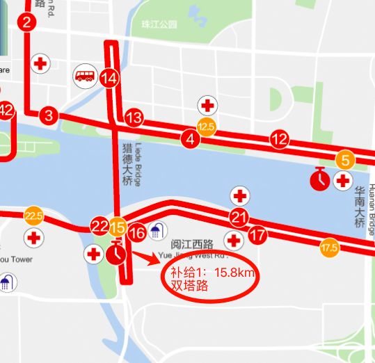 猎德大桥下桥左拐后,双塔路右侧补给站一(约15.