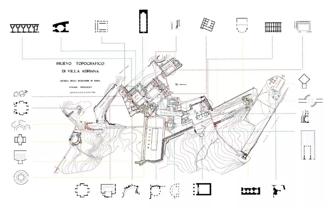 该项目的灵感来自哈德良别墅的计划,并选择了其中27座具有最大空间