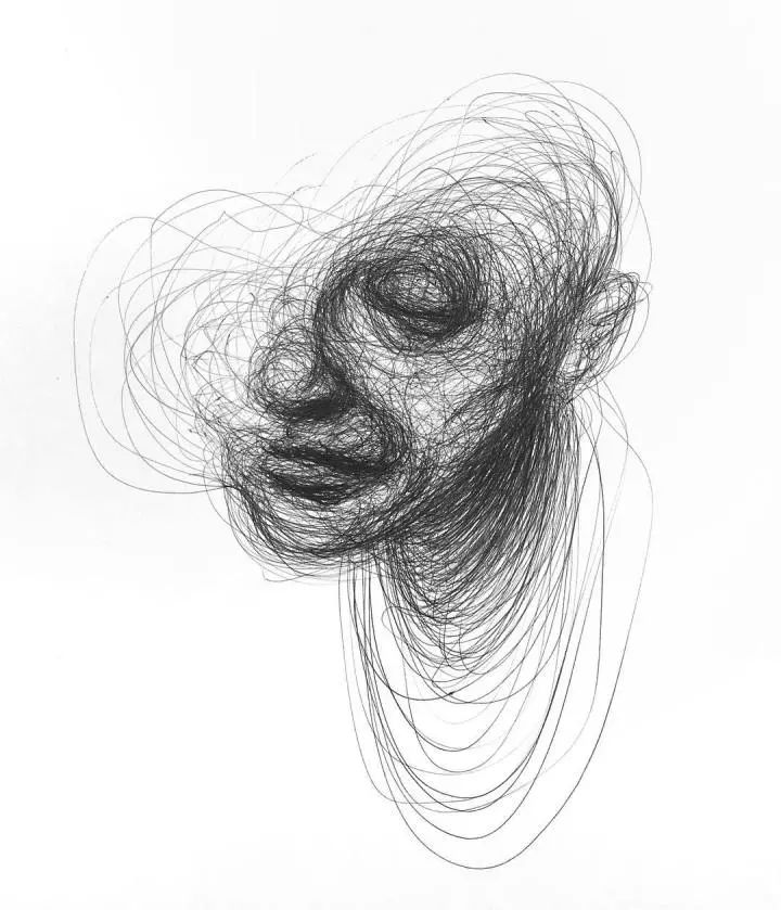 一根圆珠笔一根线条他随意的几笔就出现一个素描人物