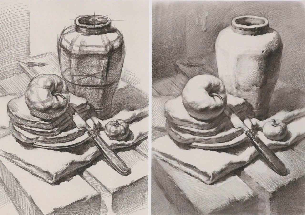 美术提分策临摹精选丨联考风素描静物组合范画兰州画室微课堂