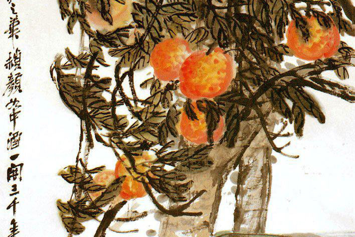 中国画 模写 吳昌碩［桃］紙本 肉筆 木箱無し！ 中国画 模写 吳昌碩