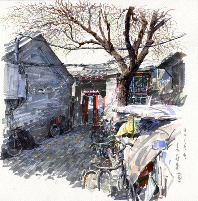 老北京街道国画图片