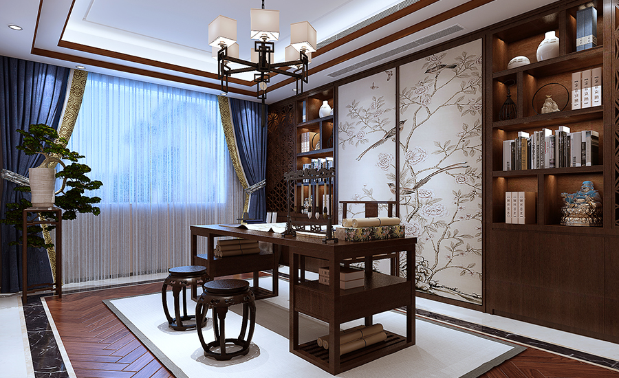 开放式茶室设计,打破了传统封闭茶室的隐蔽感,以"博古架"做背景墙