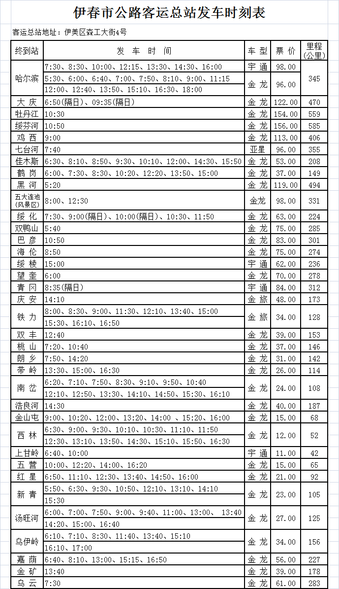 伊春市公路客运总站发车时刻表