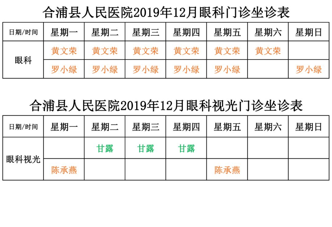 合浦县人民医院2019年12月门诊坐诊安排
