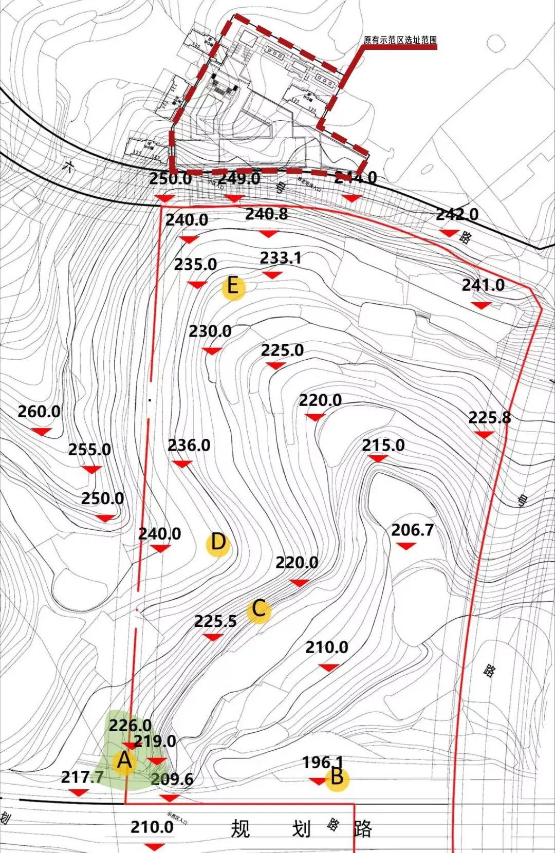 场地视线分析◎ 原始场地分析◎ 建筑规划方案基地从滨江路210米