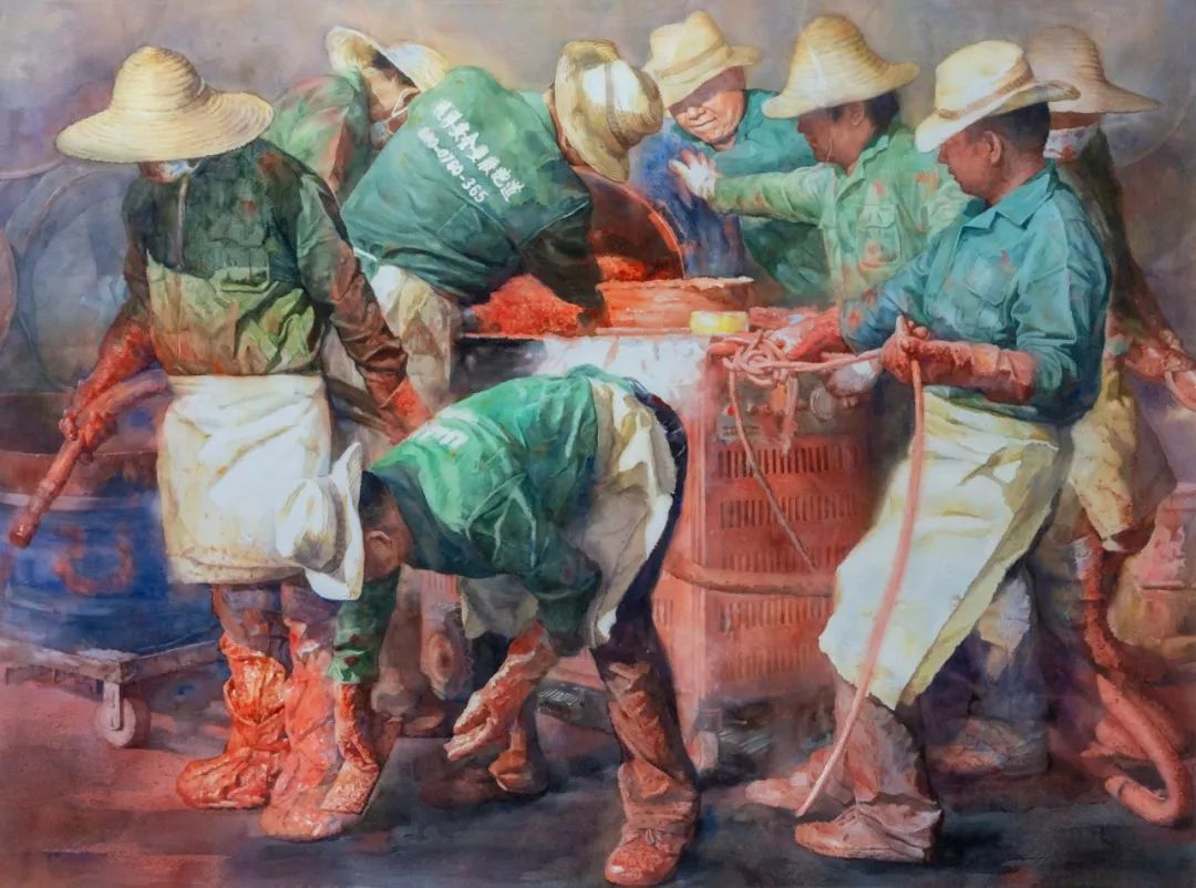 邱敏君 水彩 《热土》之二 110cm×150cm谭德开 油画 《黄老师在示范