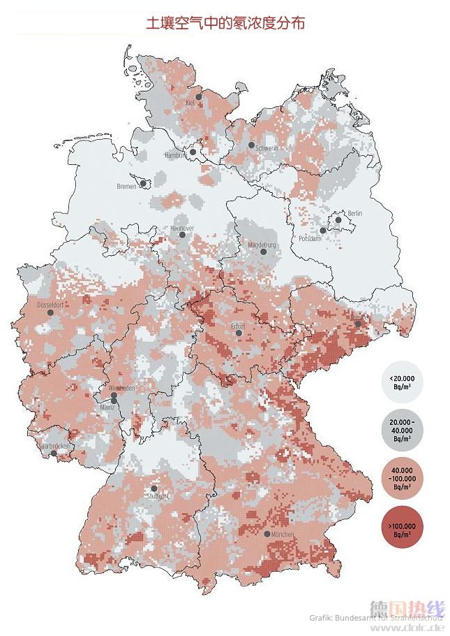 氡導致肺癌第二大患在德國的分佈圖
