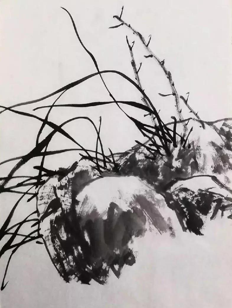 第二步:以中锋用笔写荆棘.第一步:皴擦互用写出石头.