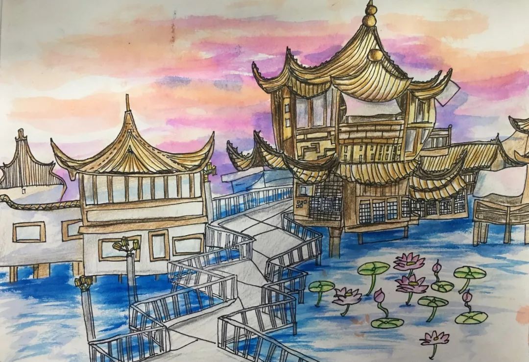 赞上海地标喜爱上海的理由学生绘画作品展示1