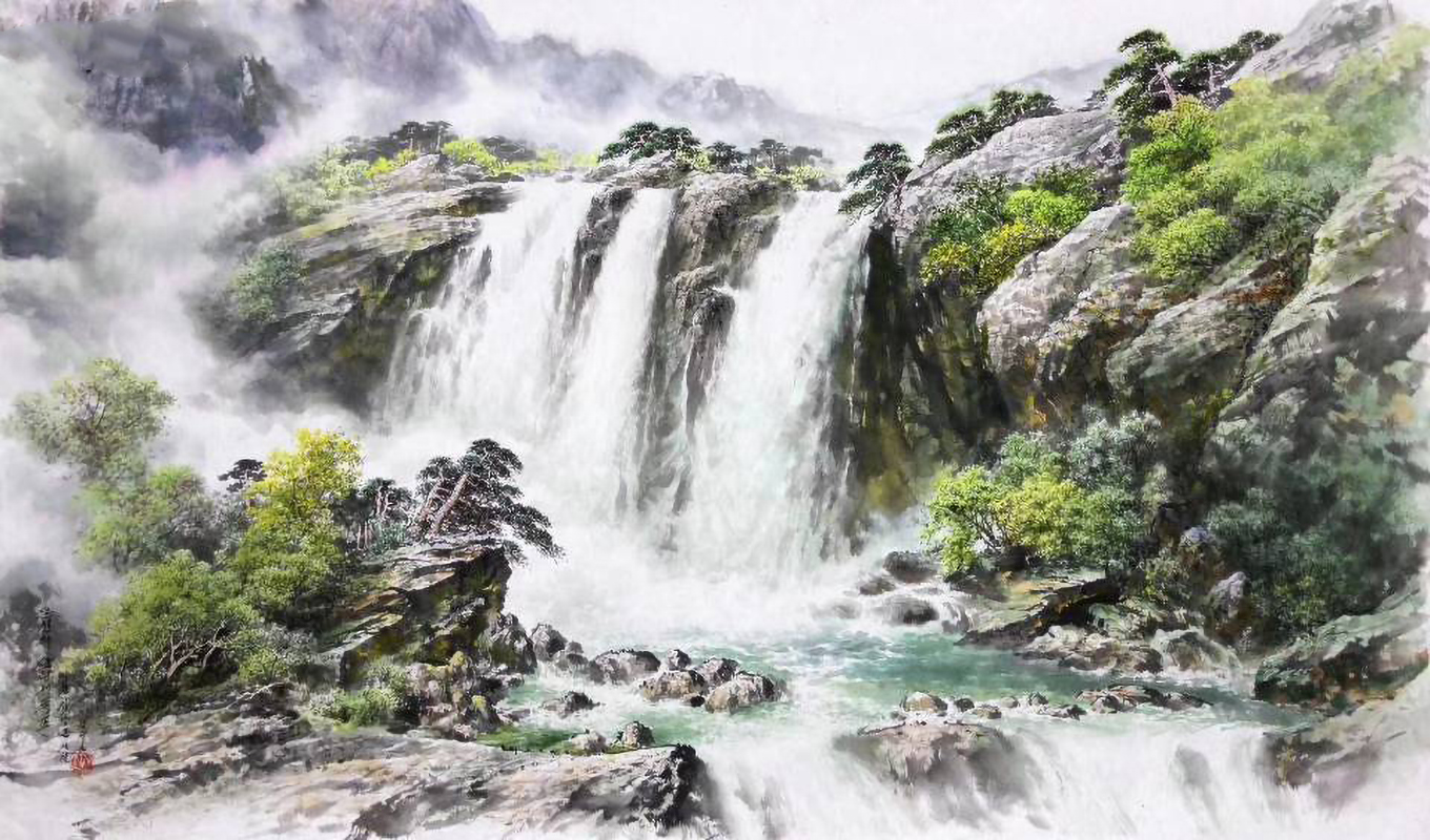 用油画颜料给山水画国画加上滤镜看完我惊讶了