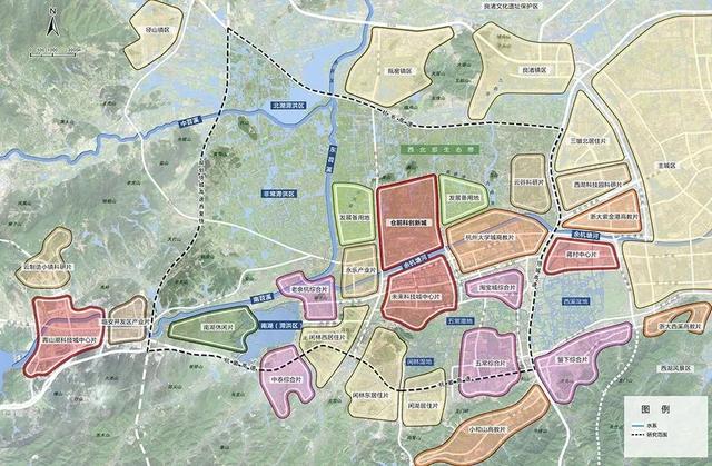 杭州城西各功能板塊空間關係圖杭州西站樞紐選址於倉前街道,直線
