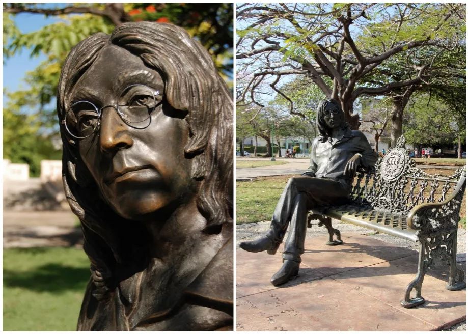 有一座神奇的约翰列侬公园,公园里一条长椅上,坐着列侬的等身雕像