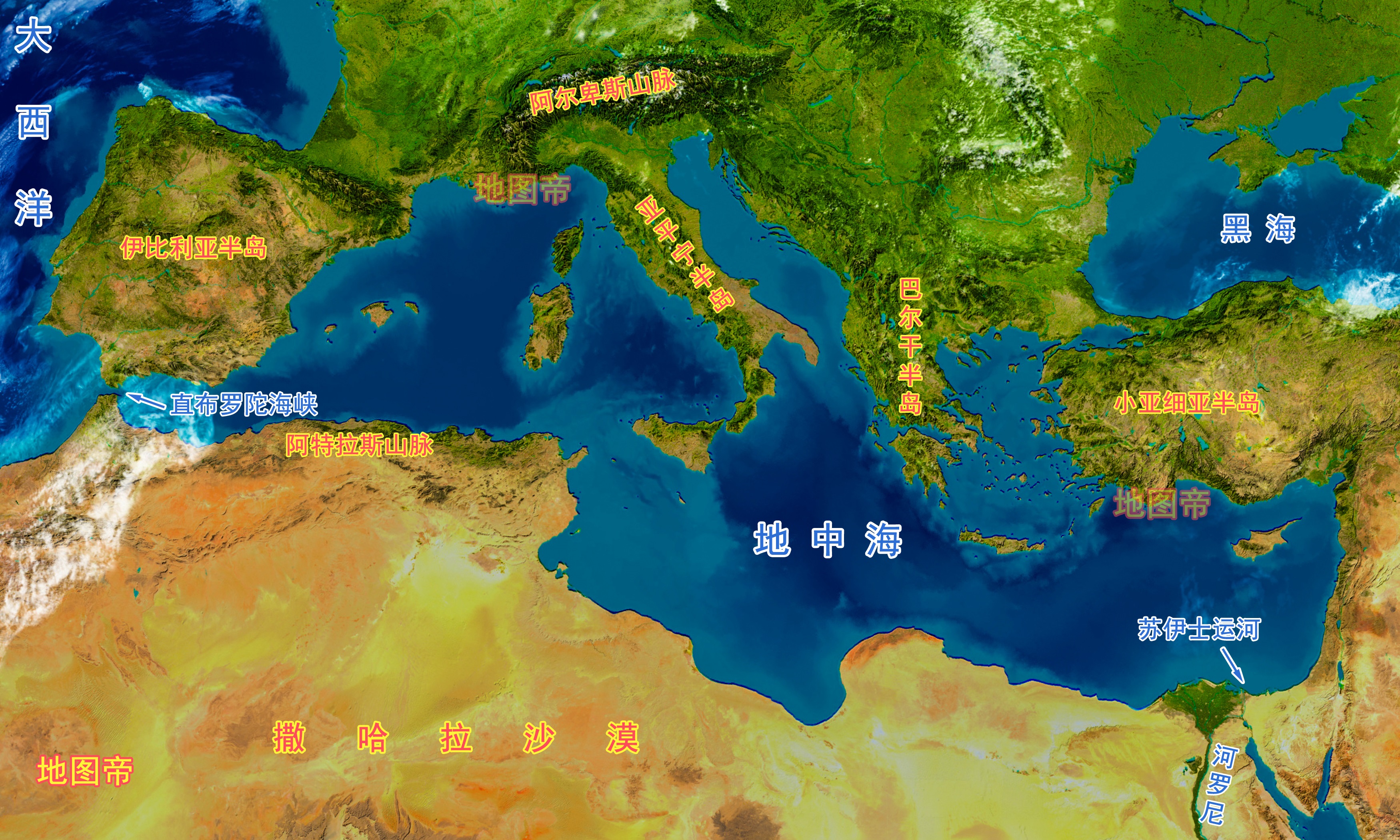 地中海沿岸地图高清图片