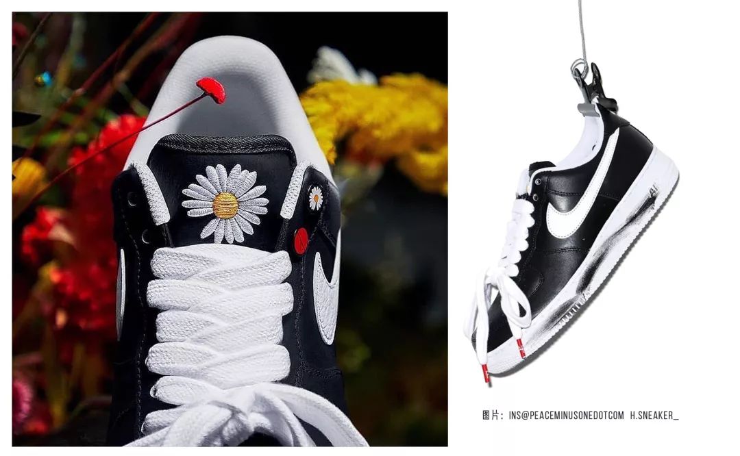 鞋子运用了黑色喷漆的元素 hin有街头感 搭配鞋舌处清新的小雏菊刺绣