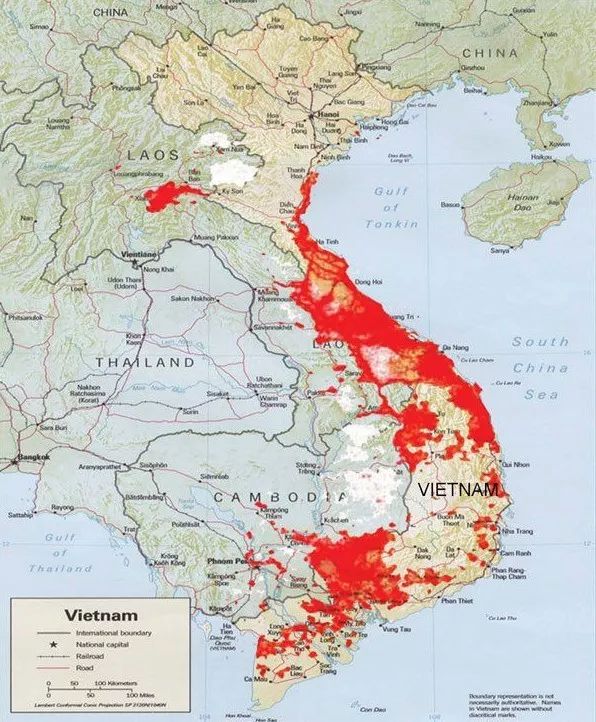 橙劑在越南的分佈圖,覆蓋了大半的越南領土但這只是文字層面的描述