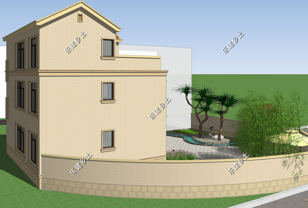 过程版外观造型展示院内景观搭配弧形围墙,别有一番趣味.