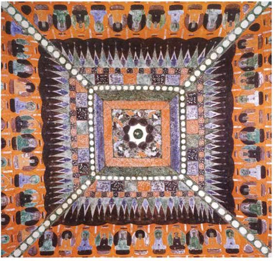 连续方块中的旋动忍冬叶和三角垂帐充分显示着时代的特征