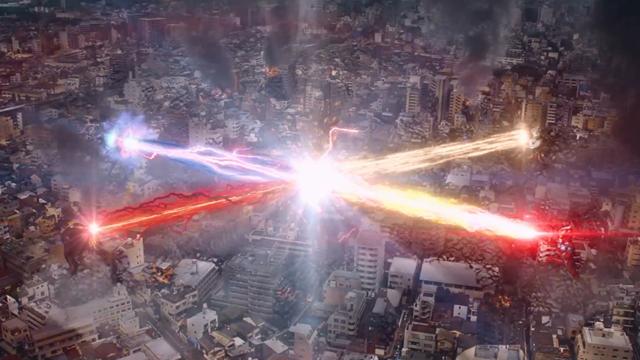 于是,在赛罗光镯的加持下,三重泰迦使出了新力量"泰迦炸弹射线",直接