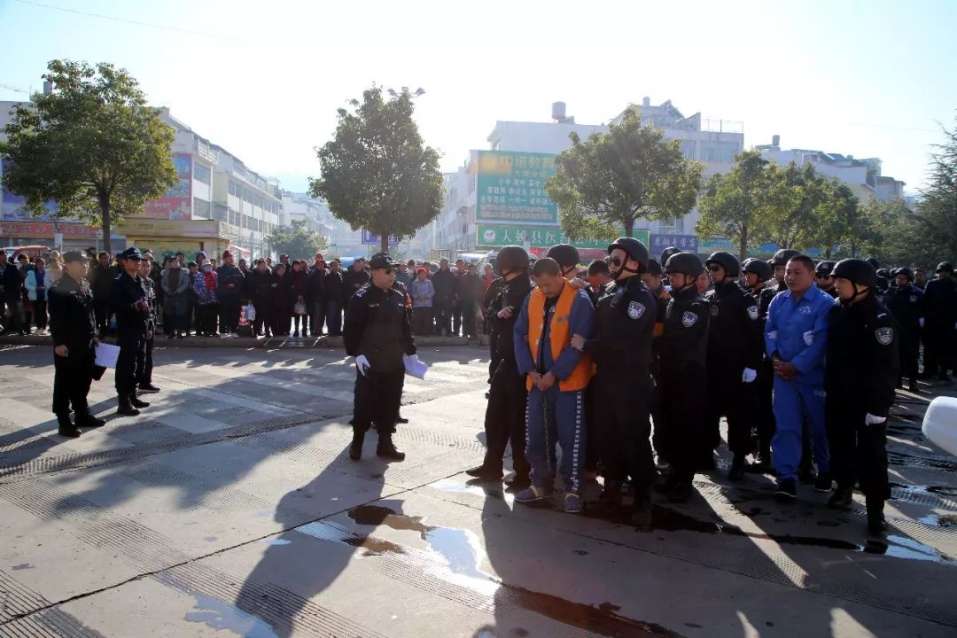大姚警方武装押解以杨利春刘开明李云飞为首的涉恶犯罪集团公开辨认
