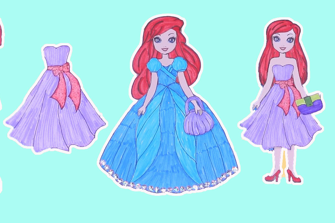 迪士尼公主纸娃娃换装贴纸美人鱼爱丽儿公主的蓝色和紫色连衣裙