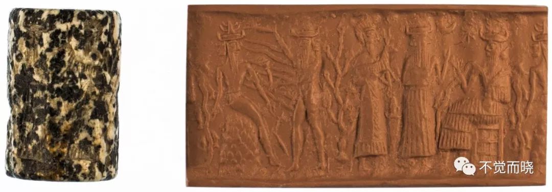 之后,乌尔第三王朝的这一枚圆柱滚印中,埃阿-恩基依然手持涌川之瓶