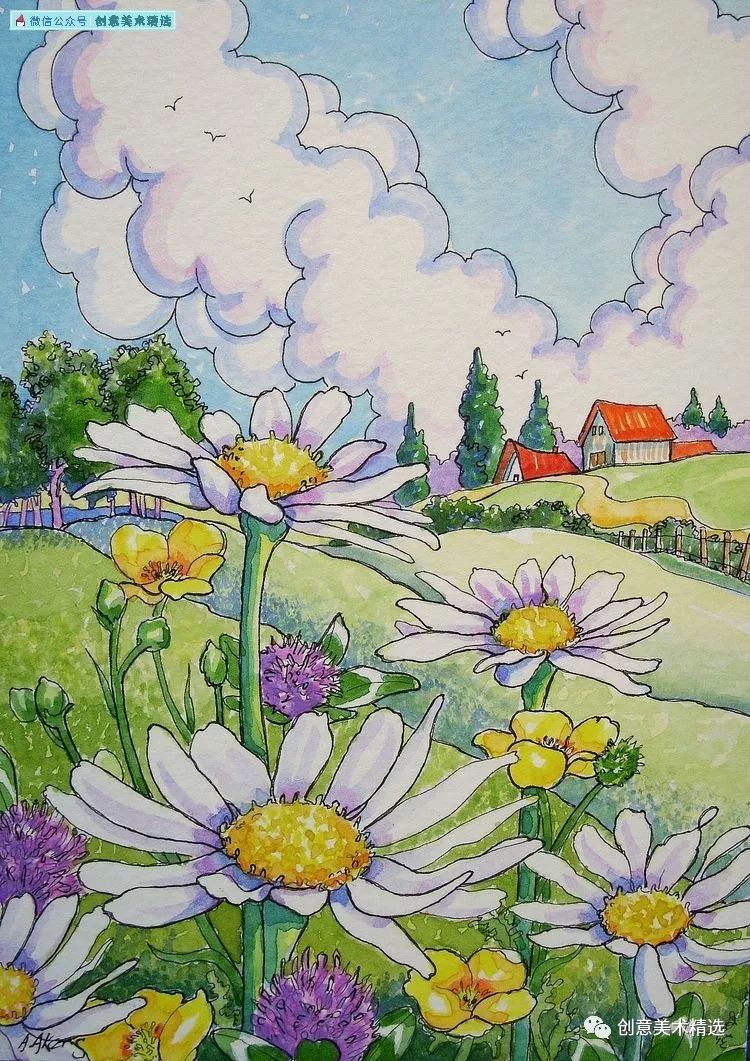 素材分享漂亮的水彩林间小屋