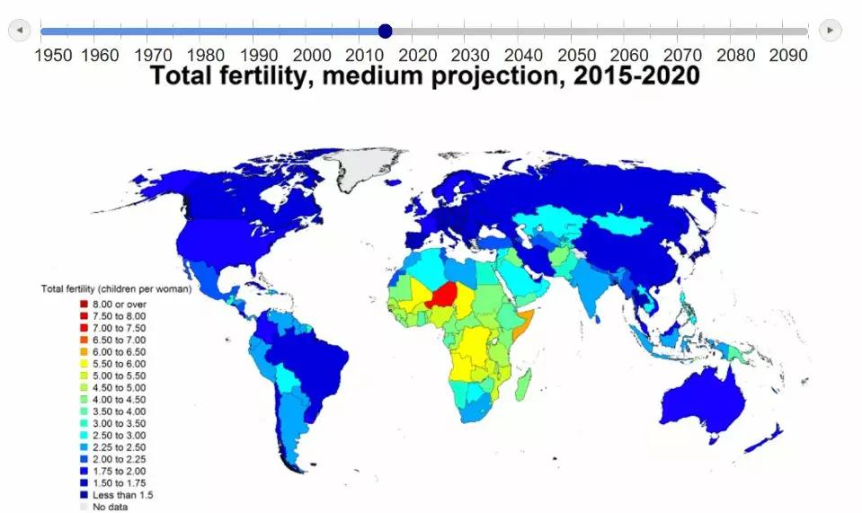 population prospects)绘制的各国总生育率地图
