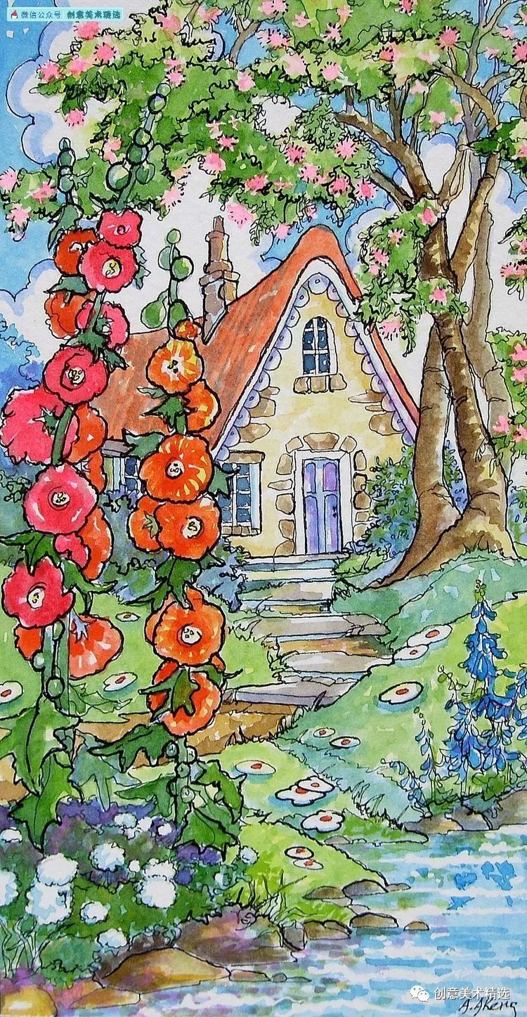素材分享漂亮的水彩林间小屋