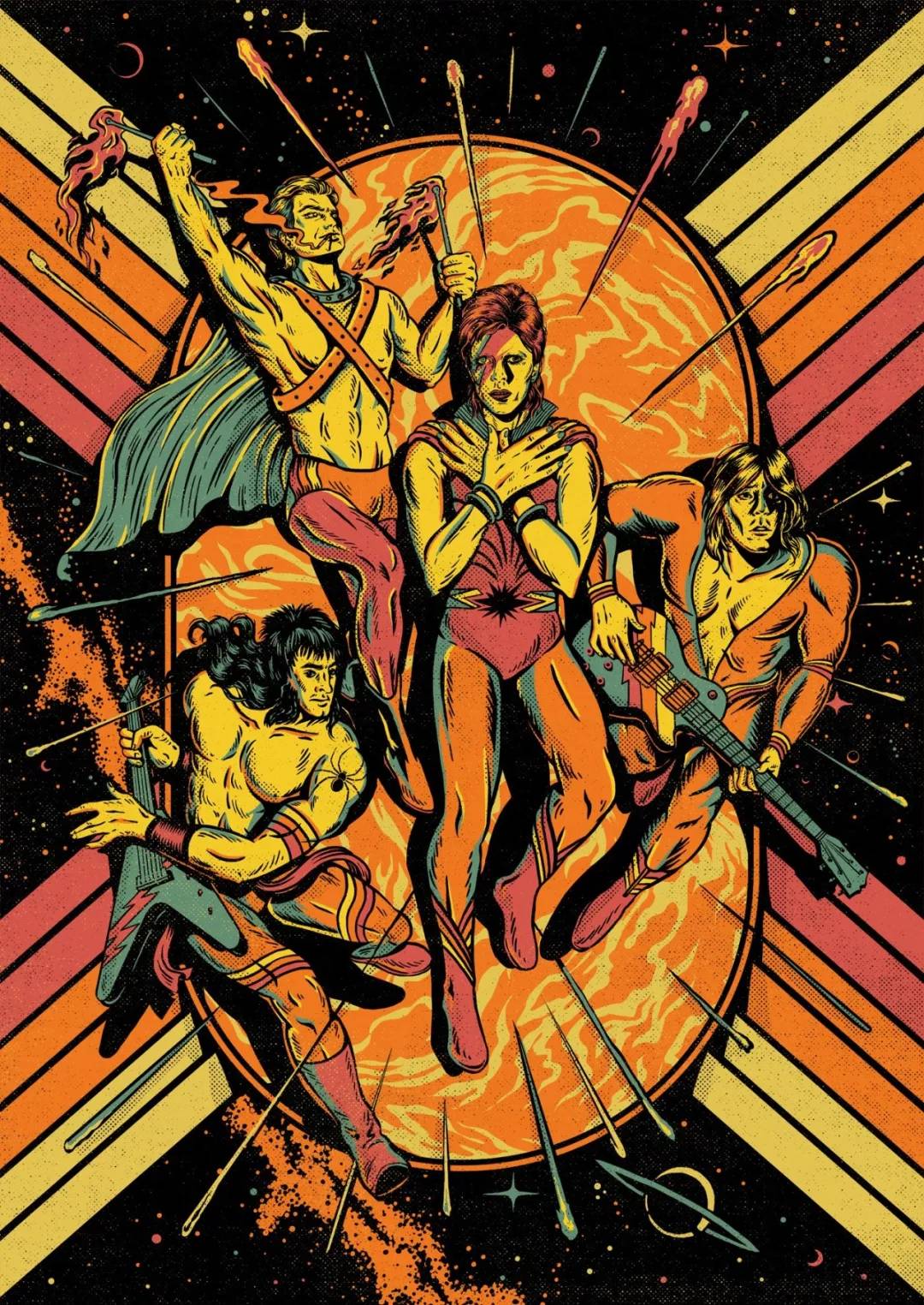 拿着乐器的三男一女好似《神奇四侠》的英雄形象.