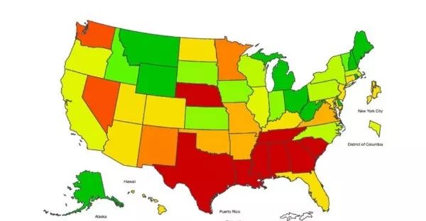 美国疾病防控中心11月30日流感地图,红色和黄色为高度流感州