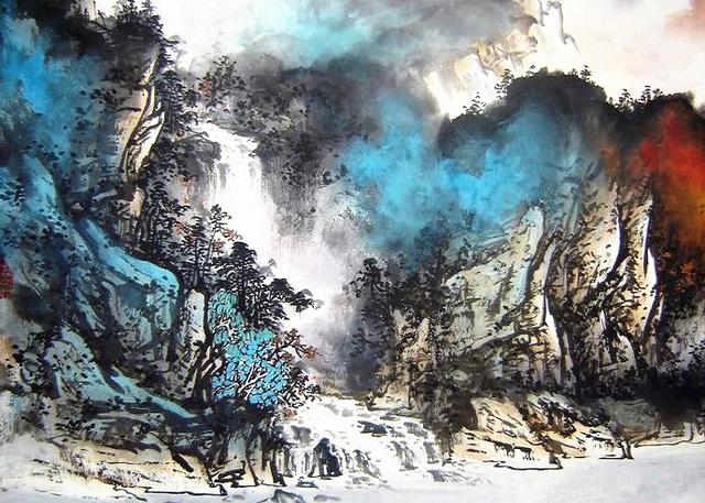 川江金晖李长田泼彩山水画