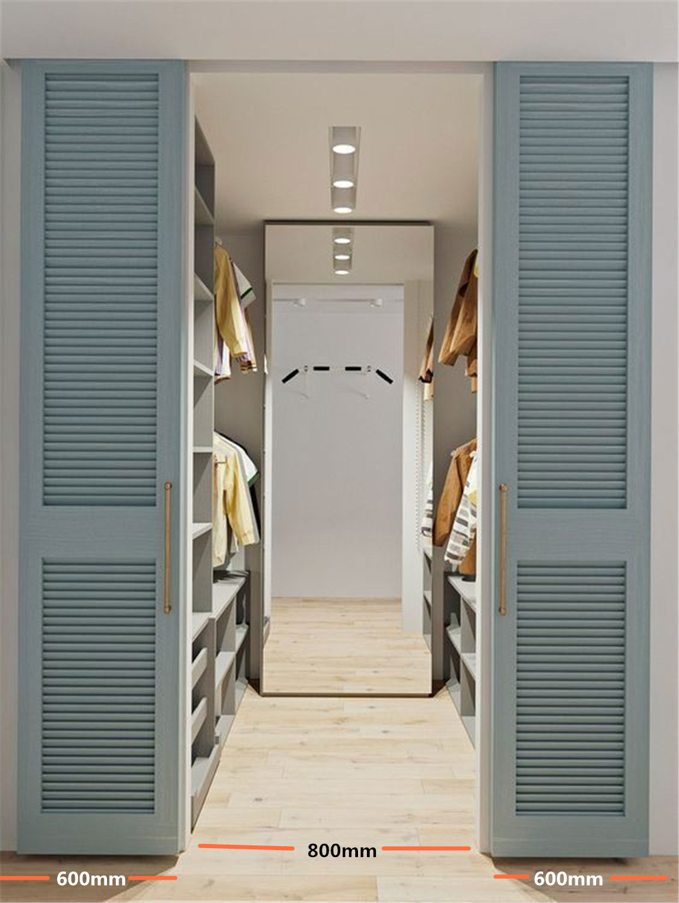 若衣帽间长宽各为2米,衣柜进深(600mm 600mm) 走道宽度(800mm)刚好是