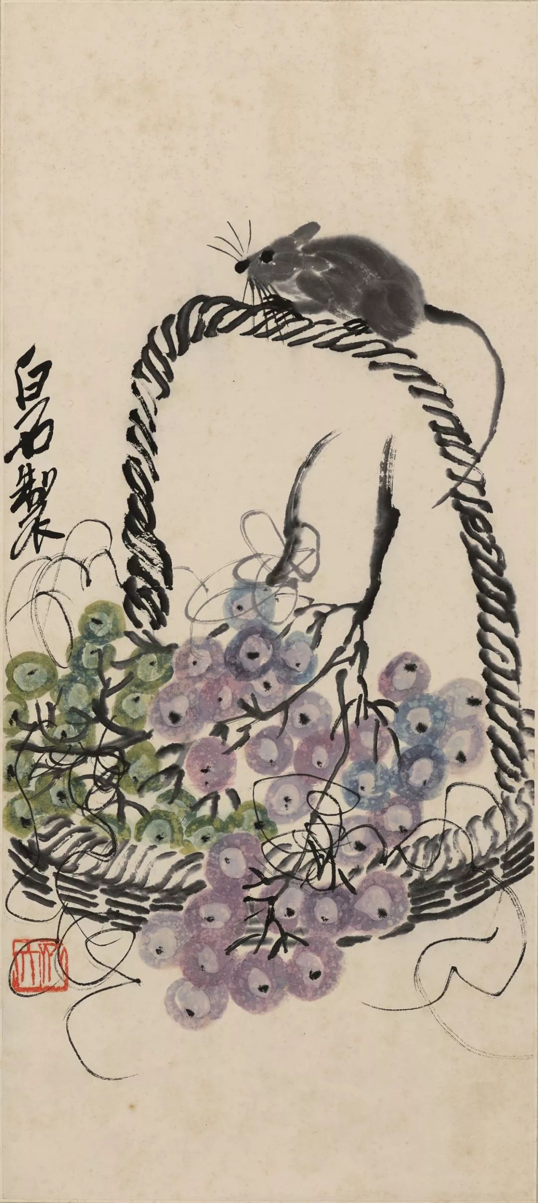 葡萄与老鼠齐白石书画51×23玉莹沙孟海书法33×66金镜沙孟海书法33